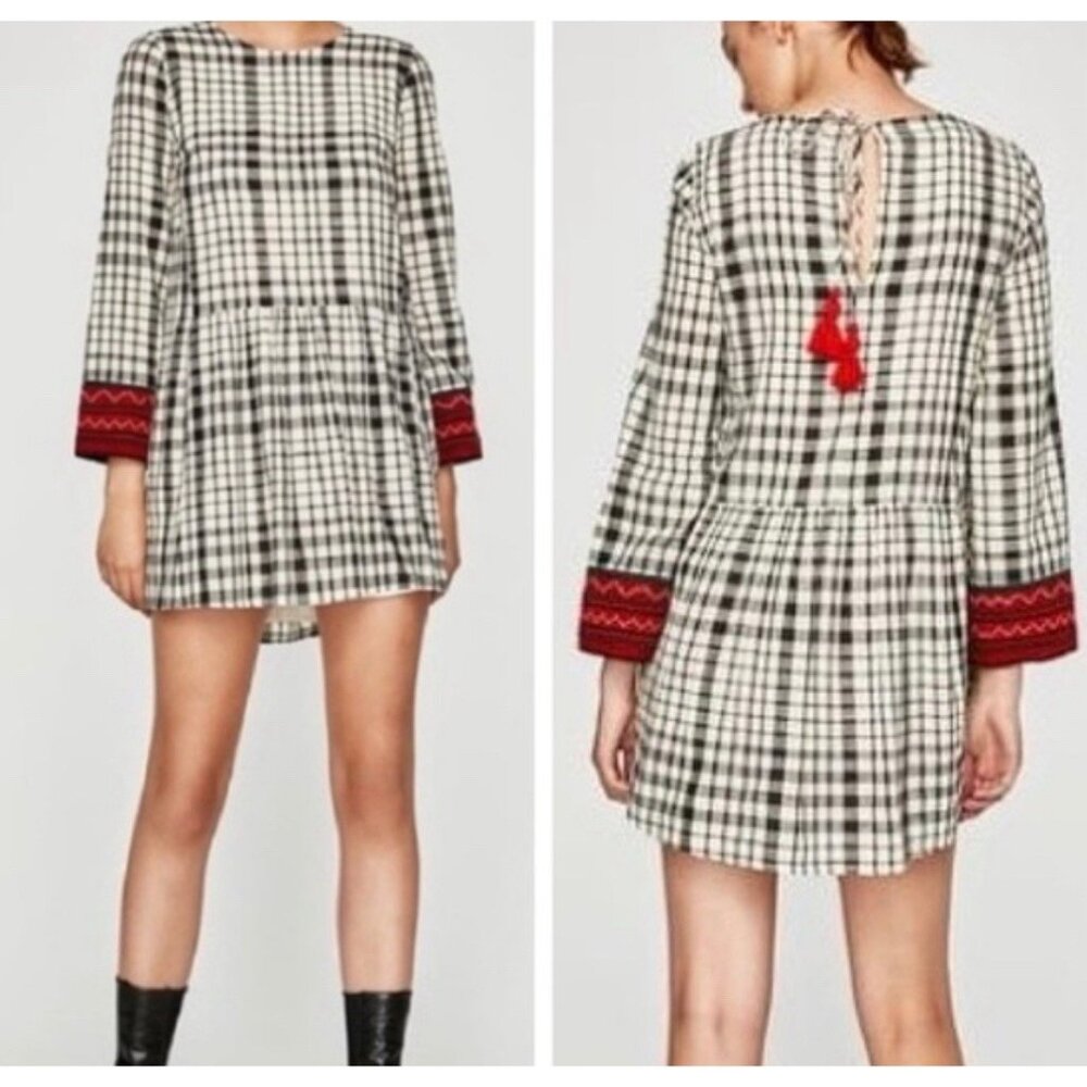 Zara Trafaluc Dress Womens Sz M Checkered Plaid Embroidered Drop Waist Mini Red